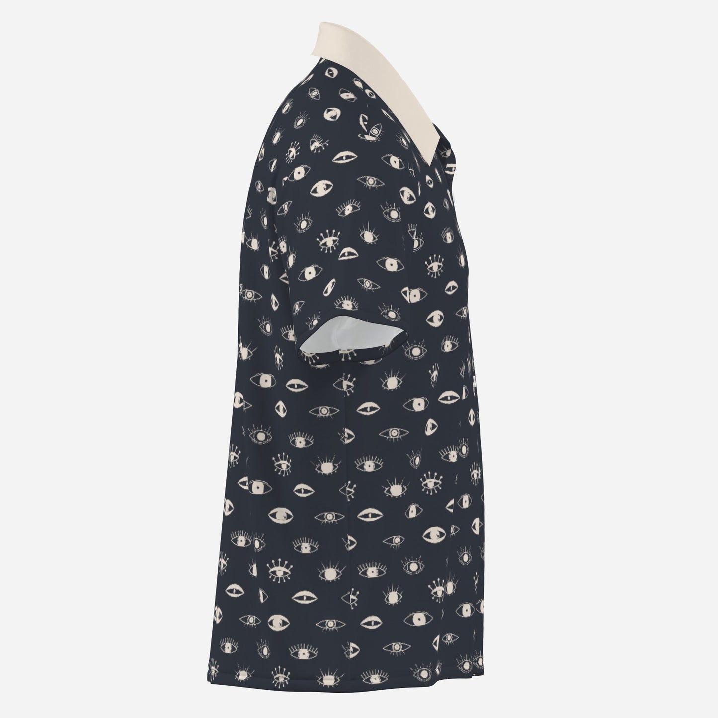 Retro Black Shirt Men | Artistic Eye Print Shirt | Unique 50s Inspired Shirt | Contrasting Beige Collar |