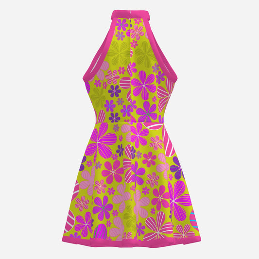 Mod 60s Style Dress | 70s Hippie Retro Halter Mini Dress | Neon Pink & Green Floral Sleeveless A-Line Dress |