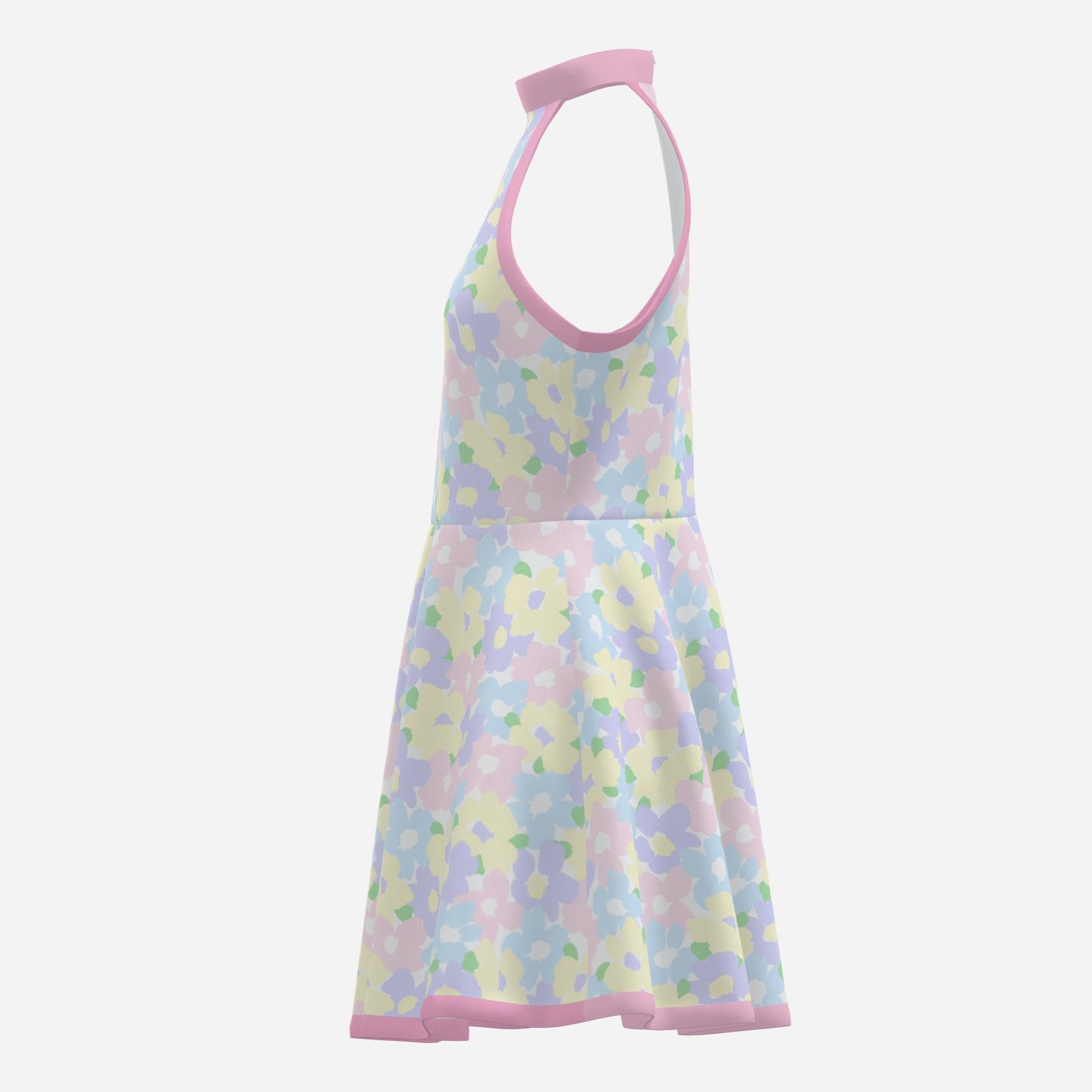 Mod 60s dress style, Vintage Style Dress, Pink Pastel floral mini dress, Sleeveless Retro Halter Dress