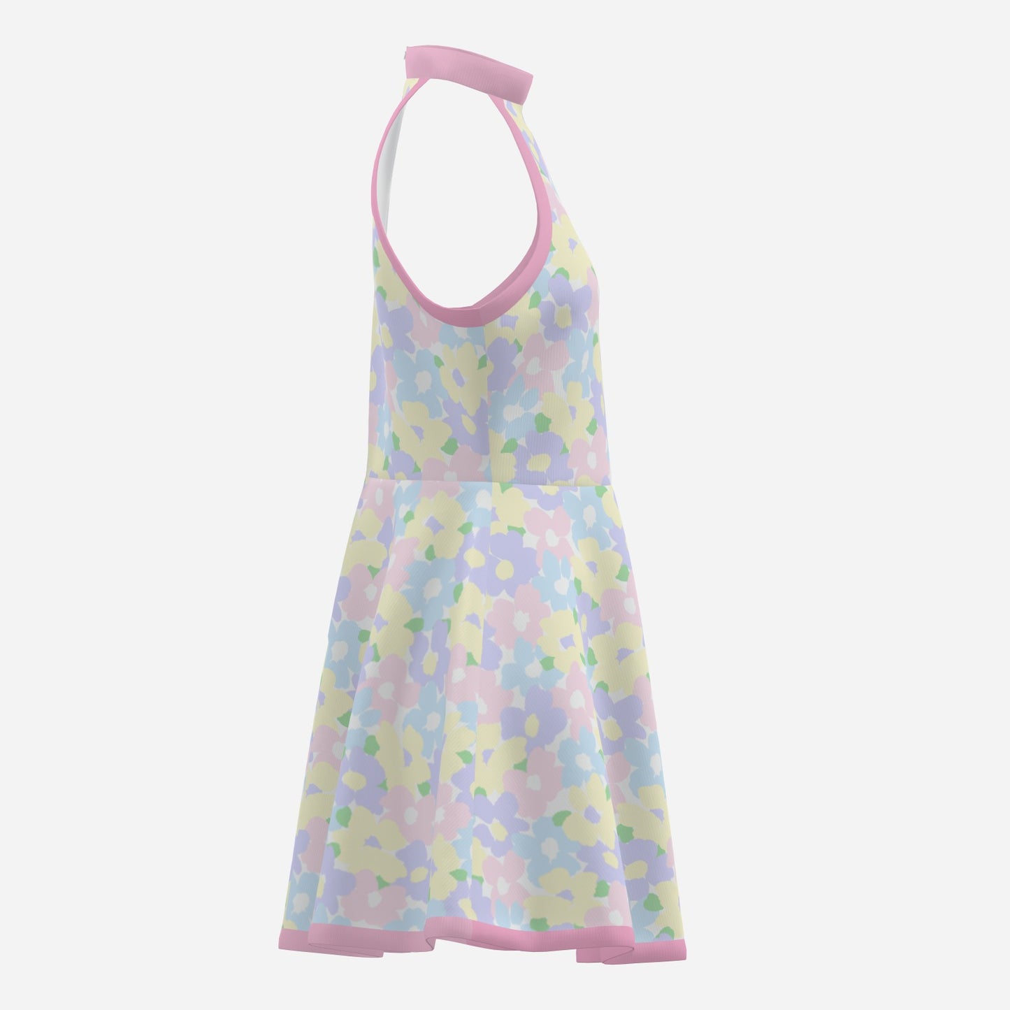 Mod 60s dress style, Vintage Style Dress, Pink Pastel floral mini dress, Sleeveless Retro Halter Dress