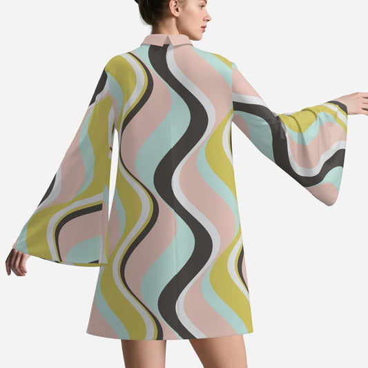 70s Dress Style, Groovy 70s Style Dress, 70s Bell sleeve Dress, Green Pink Stripe Tent Dress, Retro 70s Dress