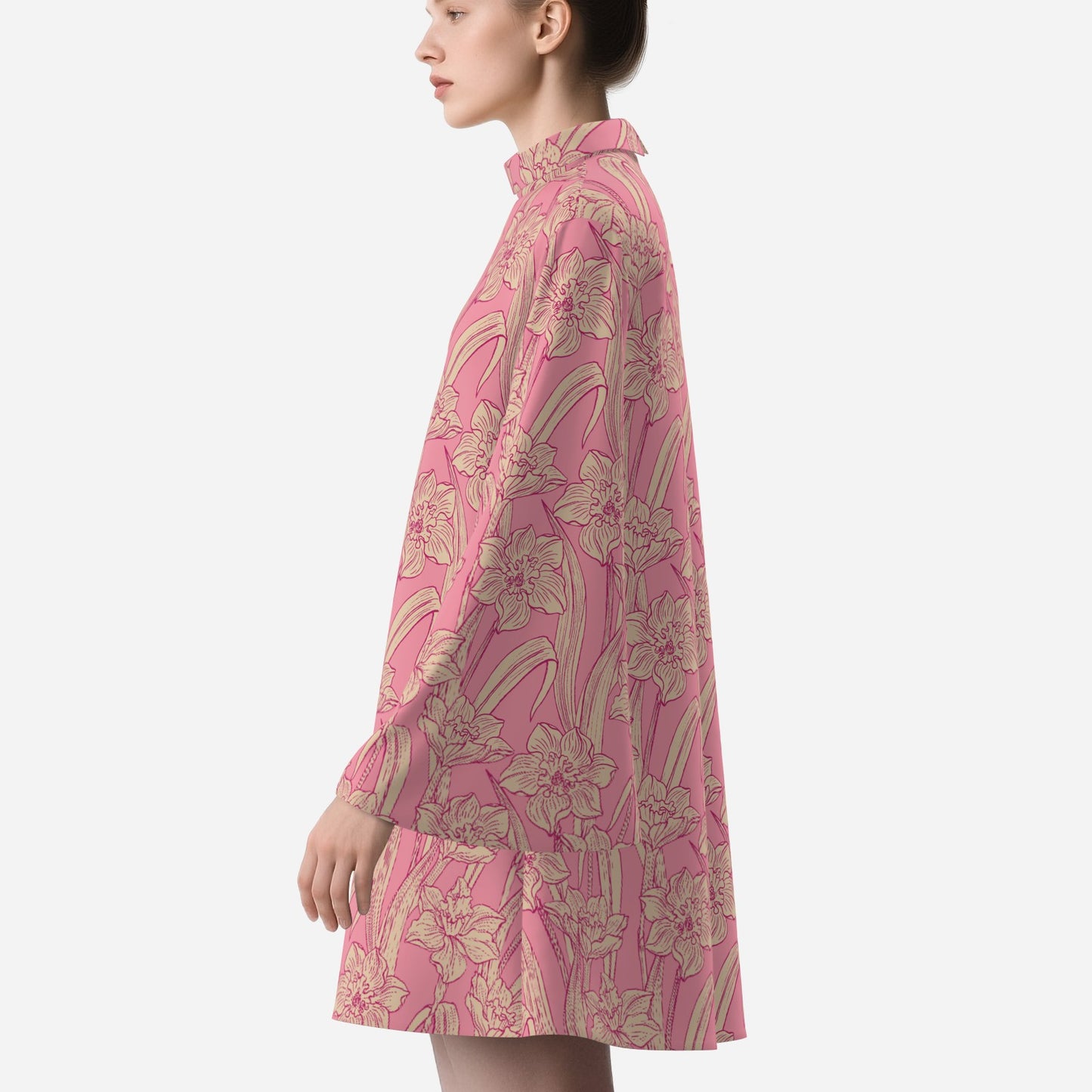 70s Dress Style | Retro Pink Floral Mini Dress | Pink Tent Dress with Bell Sleeves | 70s Inspired Turtleneck Dress