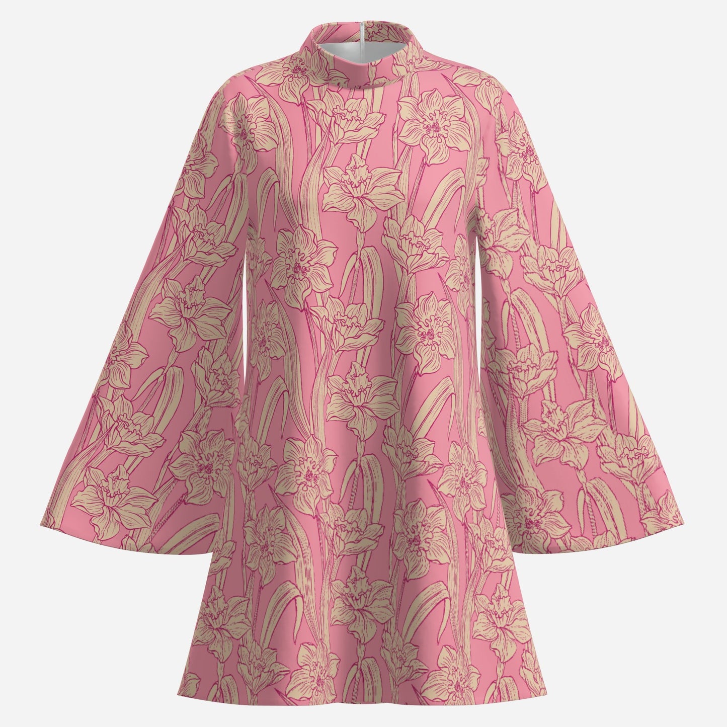 70s Dress Style | Retro Pink Floral Mini Dress | Pink Tent Dress with Bell Sleeves | 70s Inspired Turtleneck Dress