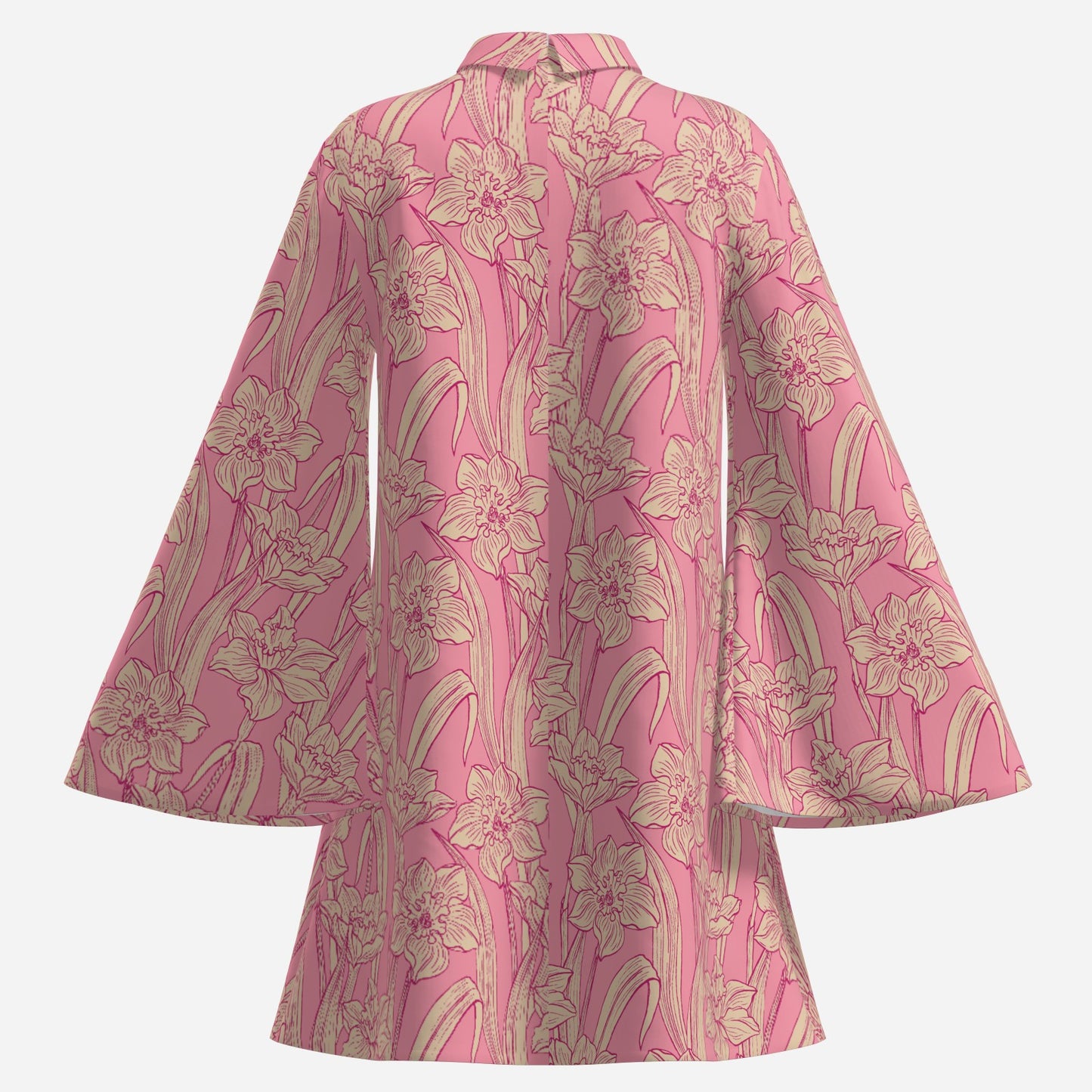 70s Dress Style | Retro Pink Floral Mini Dress | Pink Tent Dress with Bell Sleeves | 70s Inspired Turtleneck Dress