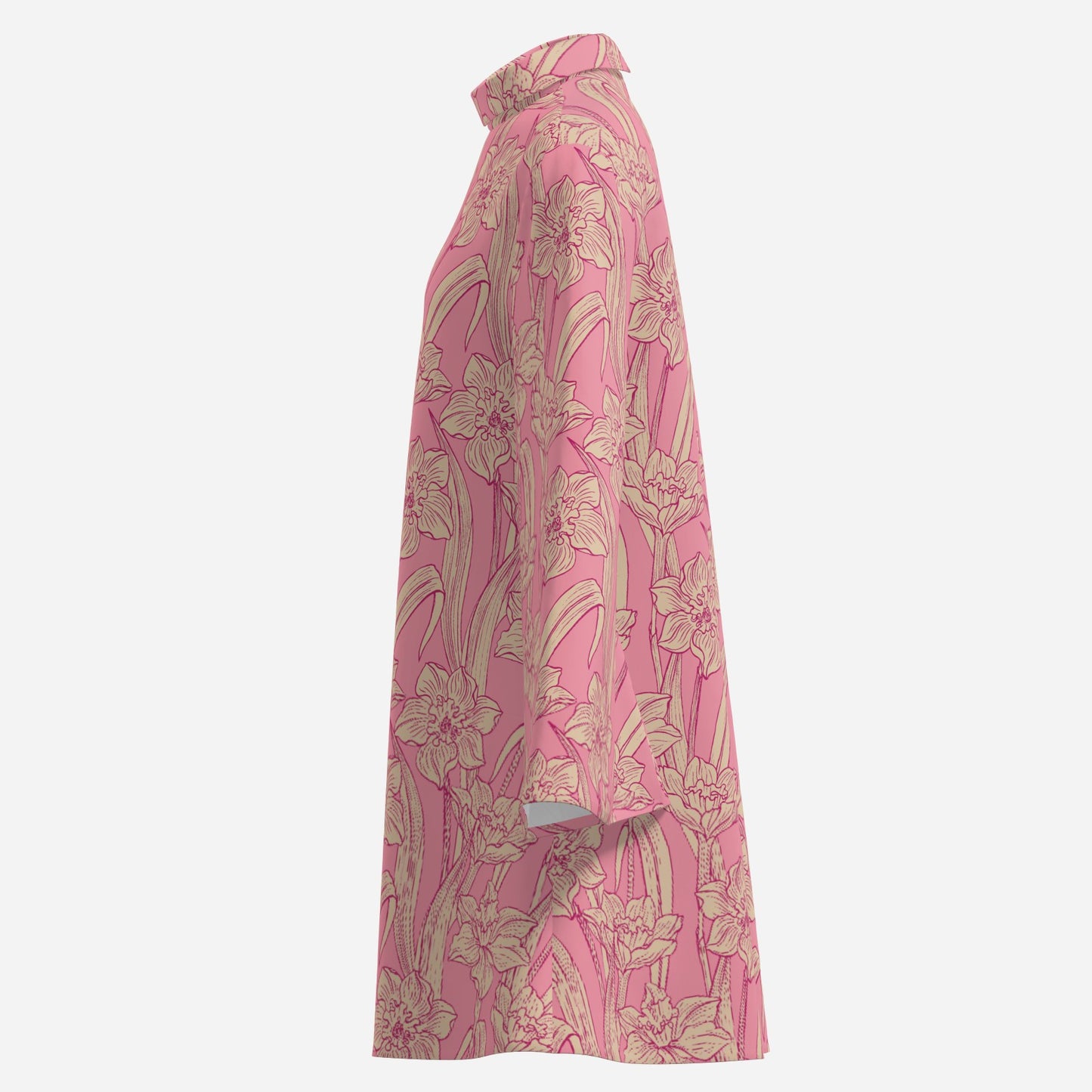 70s Dress Style | Retro Pink Floral Mini Dress | Pink Tent Dress with Bell Sleeves | 70s Inspired Turtleneck Dress