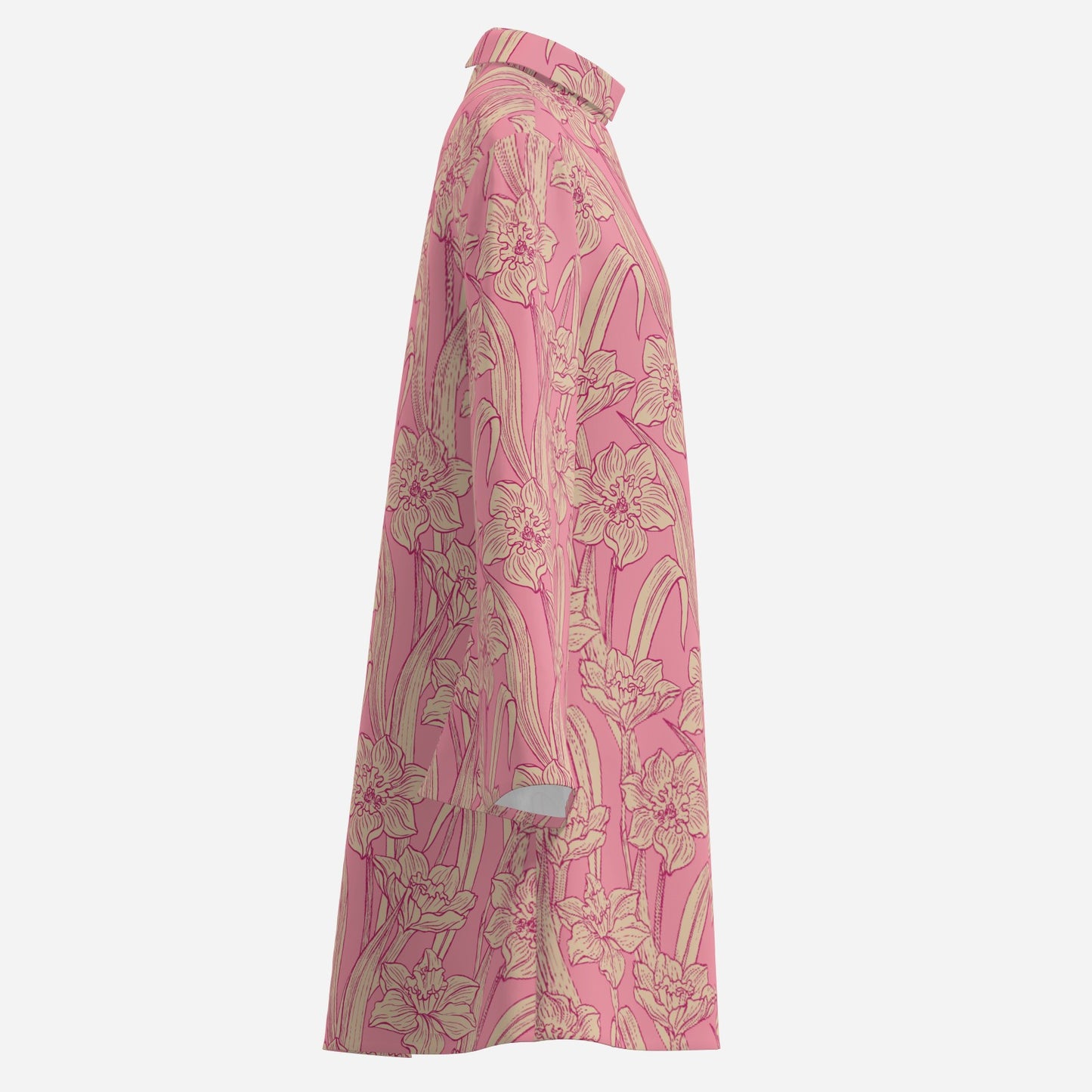 70s Dress Style | Retro Pink Floral Mini Dress | Pink Tent Dress with Bell Sleeves | 70s Inspired Turtleneck Dress