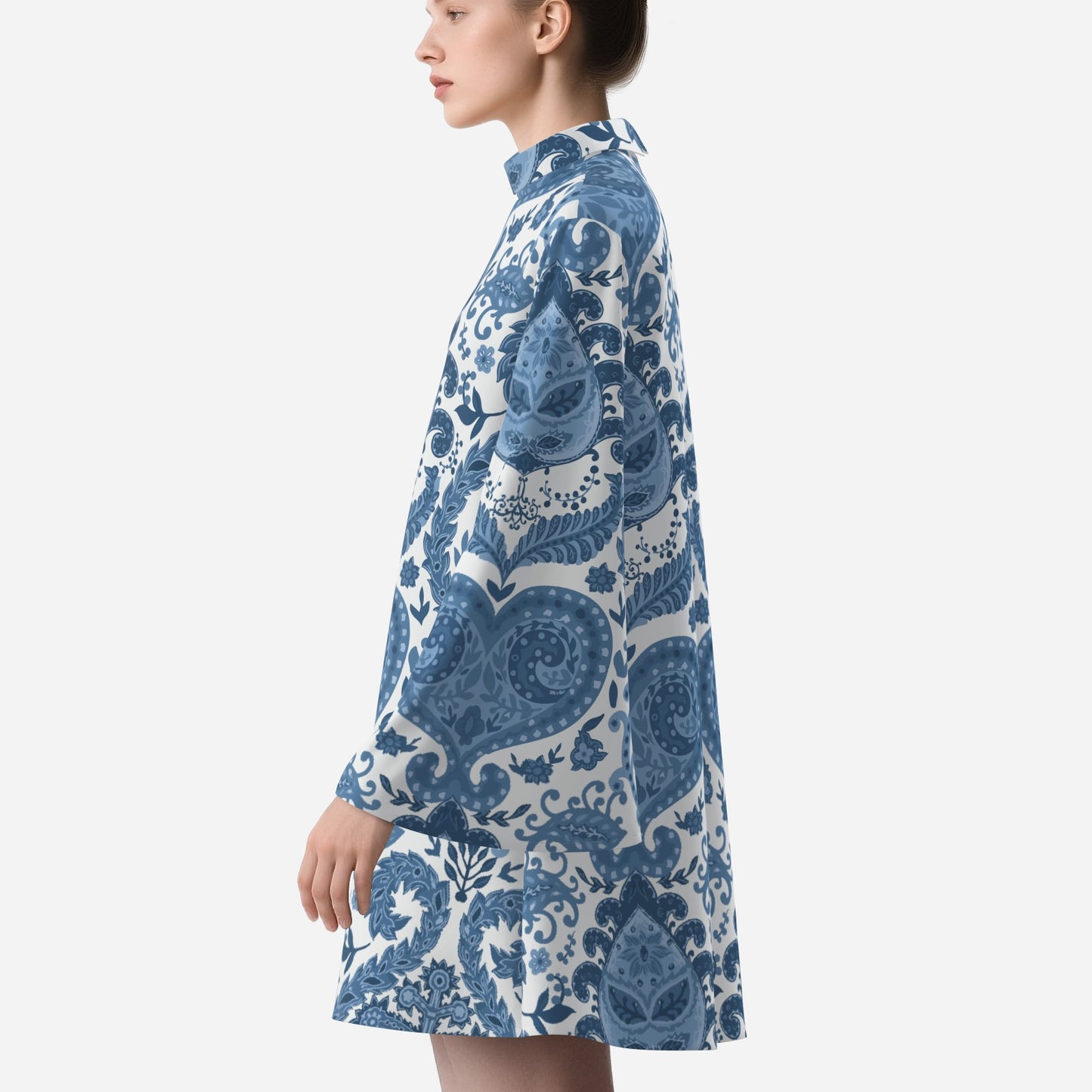 70s Style Dress | Retro Blue & White Paisley Bell Sleeve Mini Dress | Vintage Turtle Neck Chiffon Dress | Trendy Hip Buys Exclusive