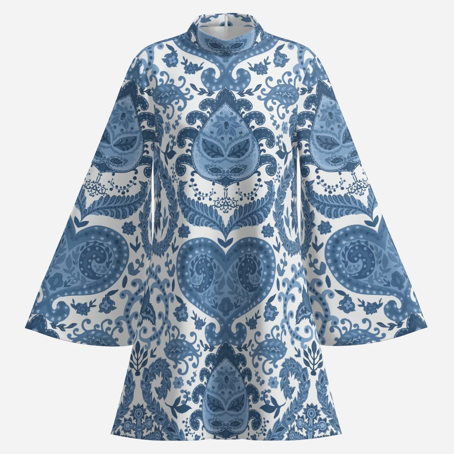 70s Style Dress | Retro Blue & White Paisley Bell Sleeve Mini Dress | Vintage Turtle Neck Chiffon Dress | Trendy Hip Buys Exclusive