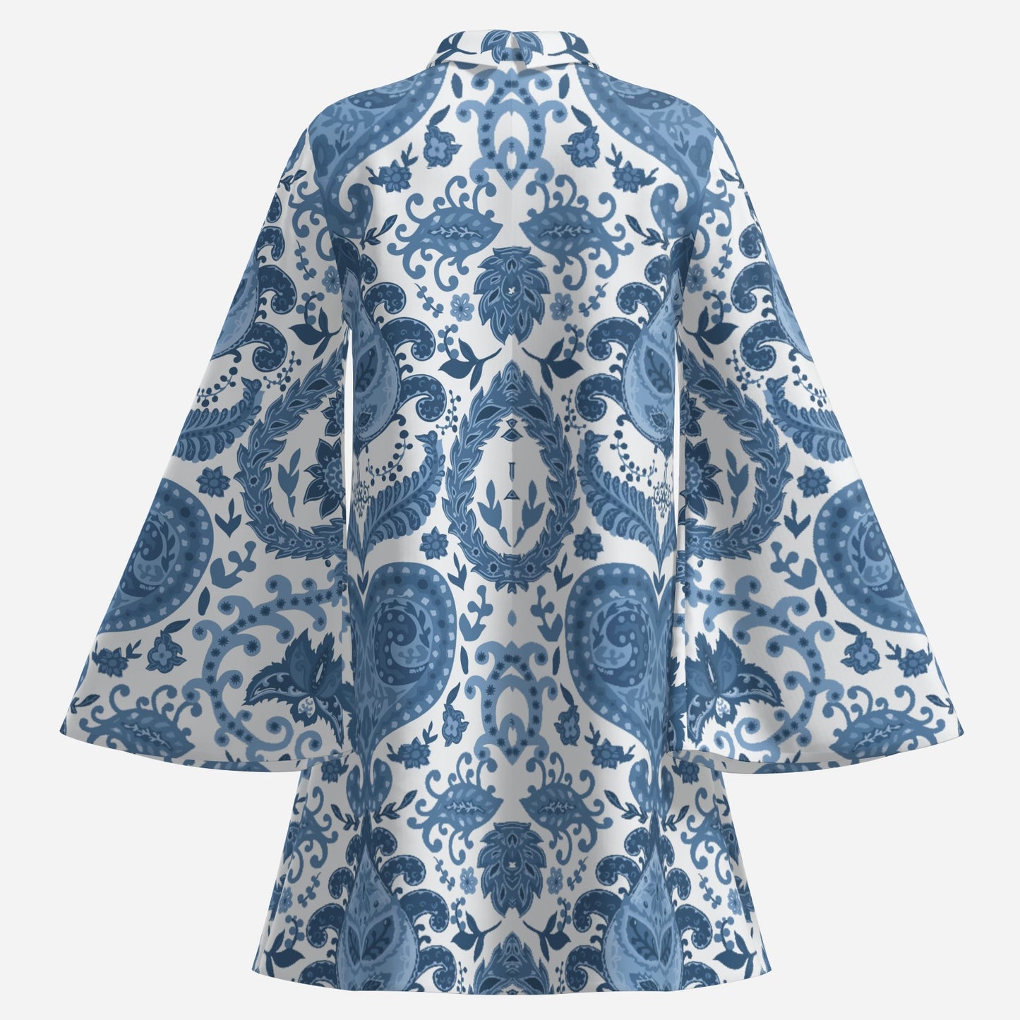70s Style Dress | Retro Blue & White Paisley Bell Sleeve Mini Dress | Vintage Turtle Neck Chiffon Dress | Trendy Hip Buys Exclusive