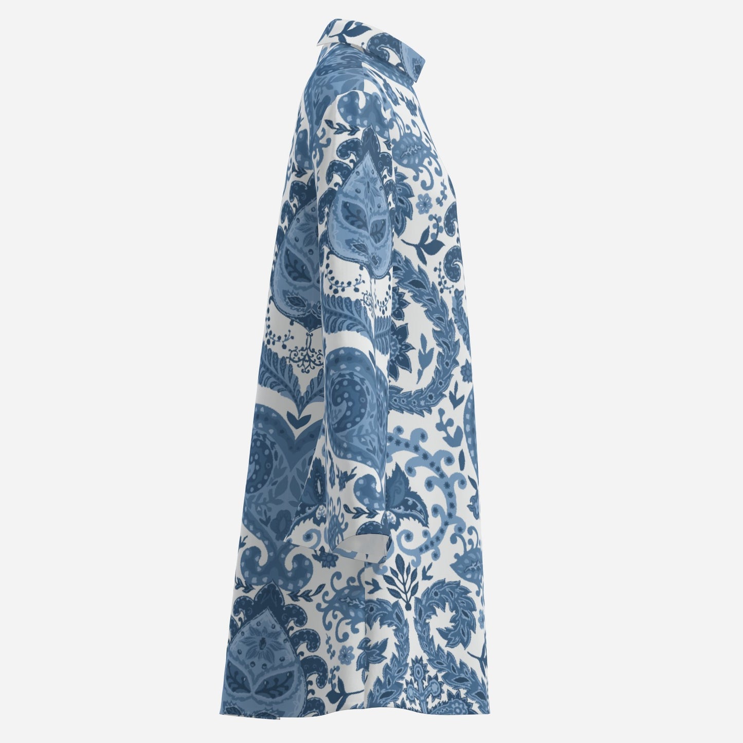 70s Style Dress | Retro Blue & White Paisley Bell Sleeve Mini Dress | Vintage Turtle Neck Chiffon Dress | Trendy Hip Buys Exclusive