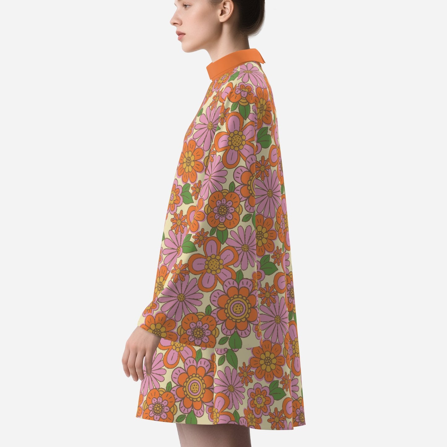70s Dress Style | Retro Bell Sleeve Dress | Multicolor Orange Floral Tent Dress | Vintage 70s Disco Dress with Turtle Neck