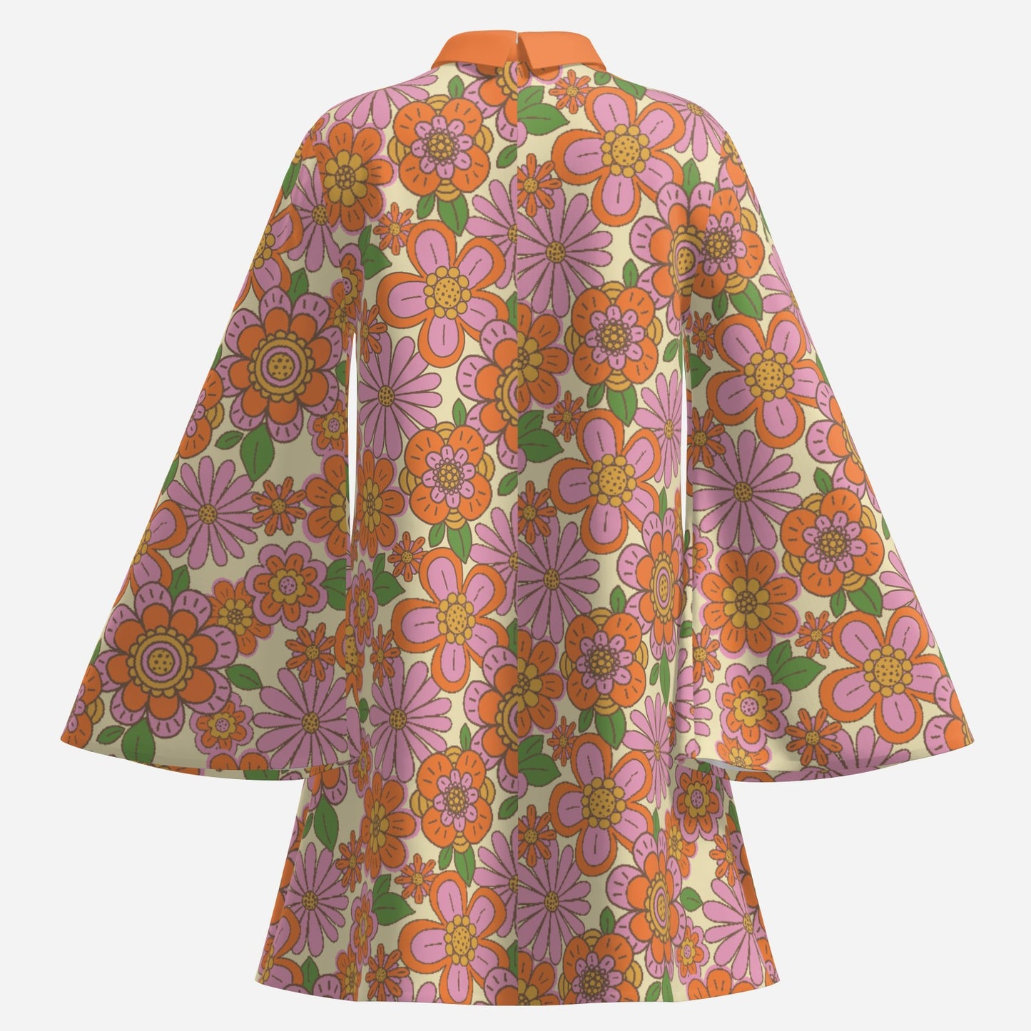 70s Dress Style | Retro Bell Sleeve Dress | Multicolor Orange Floral Tent Dress | Vintage 70s Disco Dress with Turtle Neck