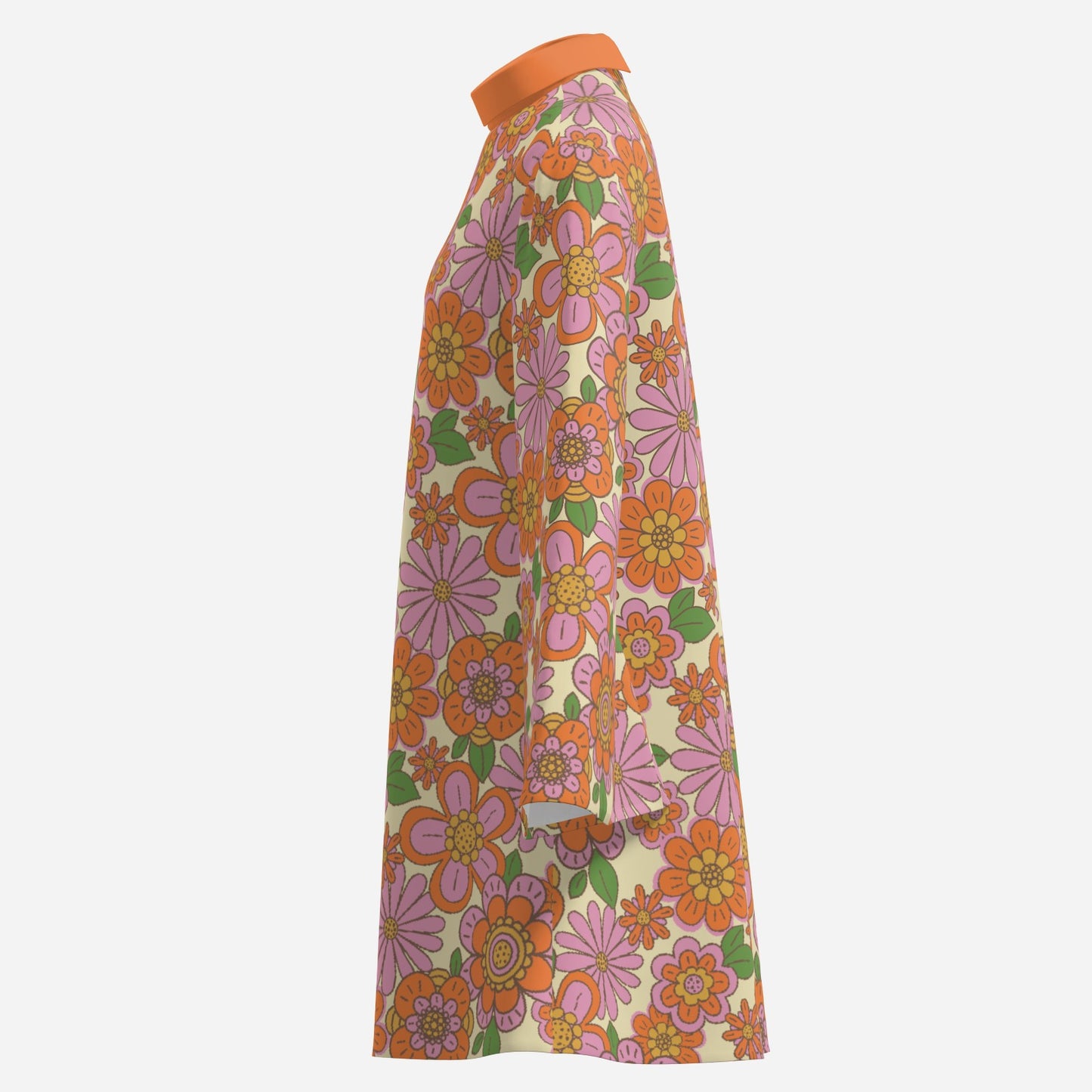 70s Dress Style | Retro Bell Sleeve Dress | Multicolor Orange Floral Tent Dress | Vintage 70s Disco Dress with Turtle Neck