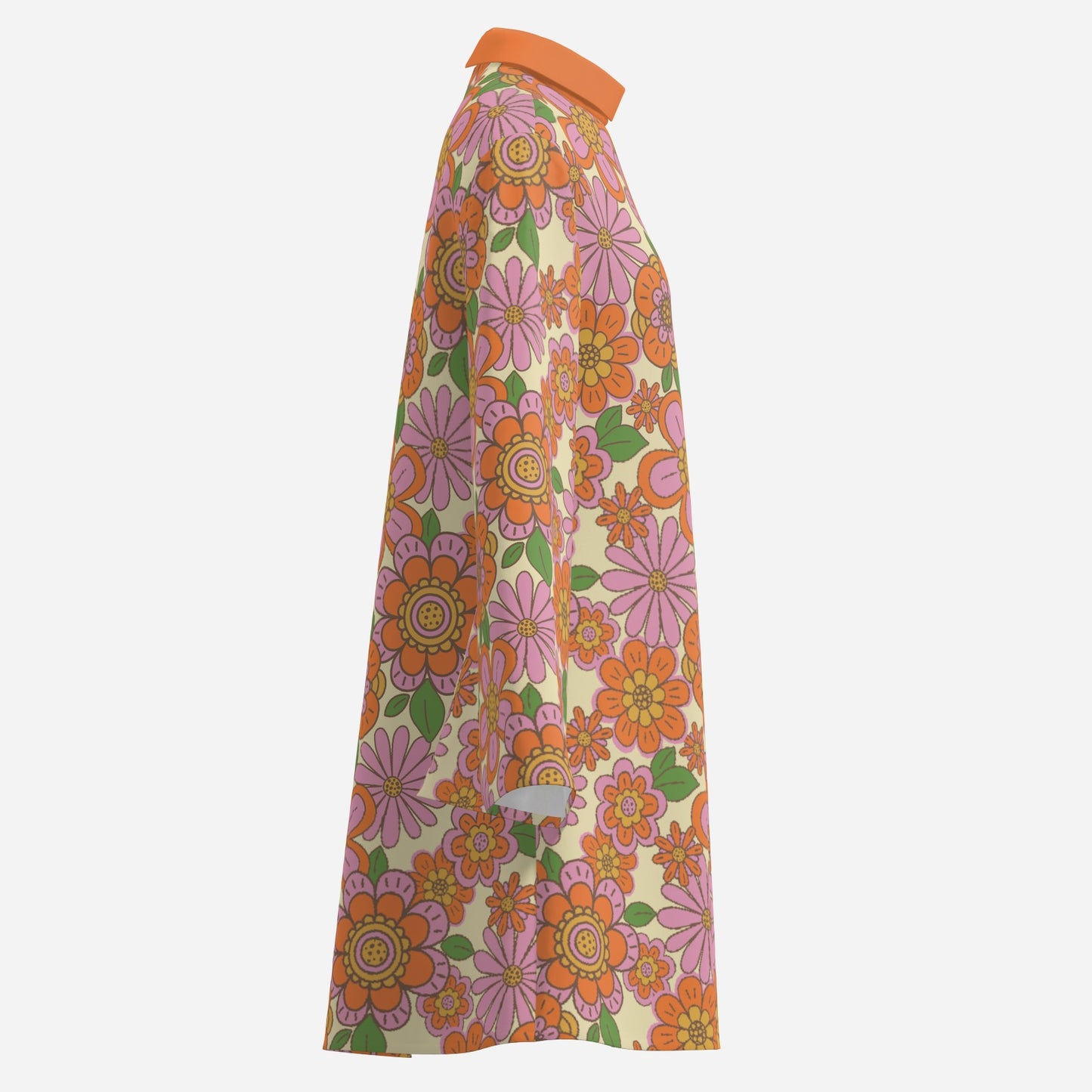 70s Dress Style | Retro Bell Sleeve Dress | Multicolor Orange Floral Tent Dress | Vintage 70s Disco Dress with Turtle Neck