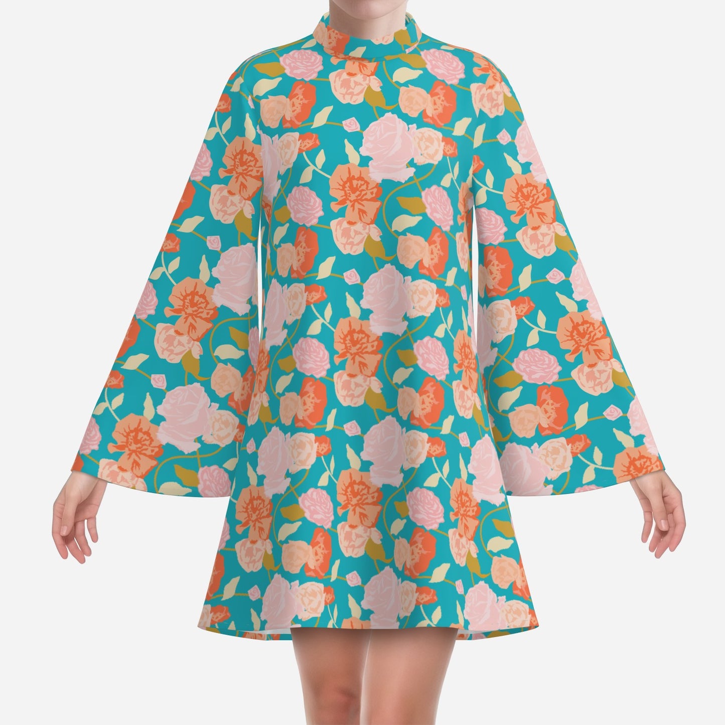 70s Style Dress | Retro Turquoise Floral Bell Sleeve Mini Dress | Vintage Turtleneck Chiffon Dress | Trendy Hip Buys Exclusive
