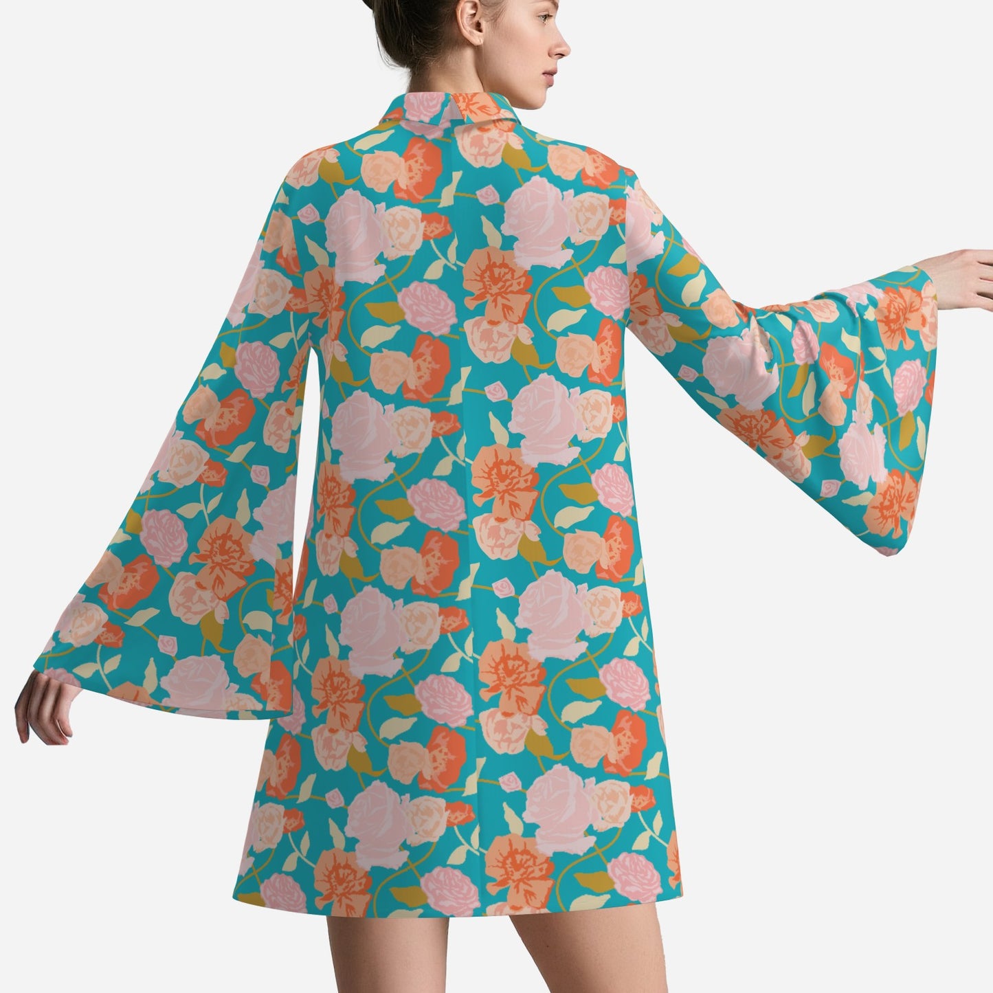 70s Style Dress | Retro Turquoise Floral Bell Sleeve Mini Dress | Vintage Turtleneck Chiffon Dress | Trendy Hip Buys Exclusive