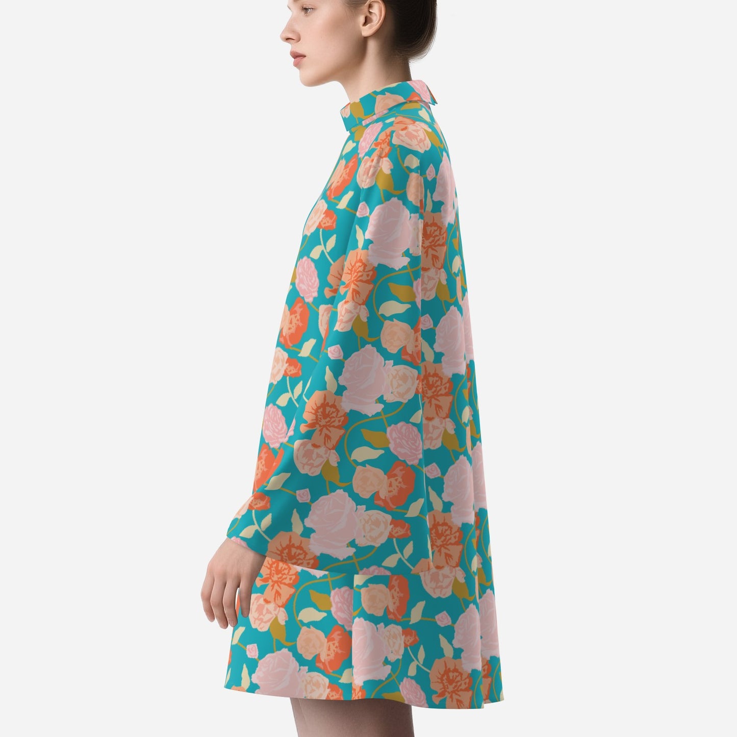 70s Style Dress | Retro Turquoise Floral Bell Sleeve Mini Dress | Vintage Turtleneck Chiffon Dress | Trendy Hip Buys Exclusive
