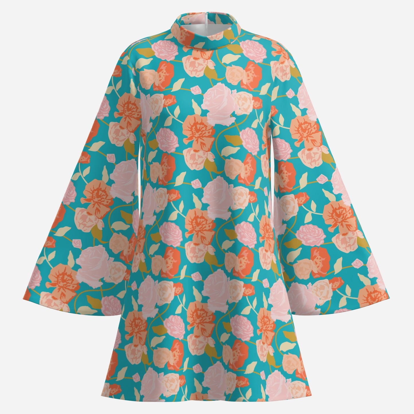 70s Style Dress | Retro Turquoise Floral Bell Sleeve Mini Dress | Vintage Turtleneck Chiffon Dress | Trendy Hip Buys Exclusive