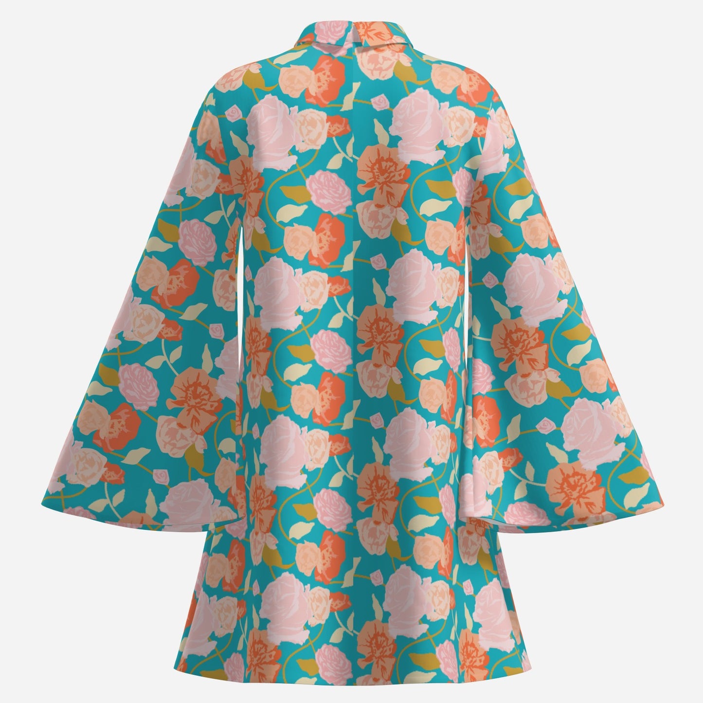 70s Style Dress | Retro Turquoise Floral Bell Sleeve Mini Dress | Vintage Turtleneck Chiffon Dress | Trendy Hip Buys Exclusive