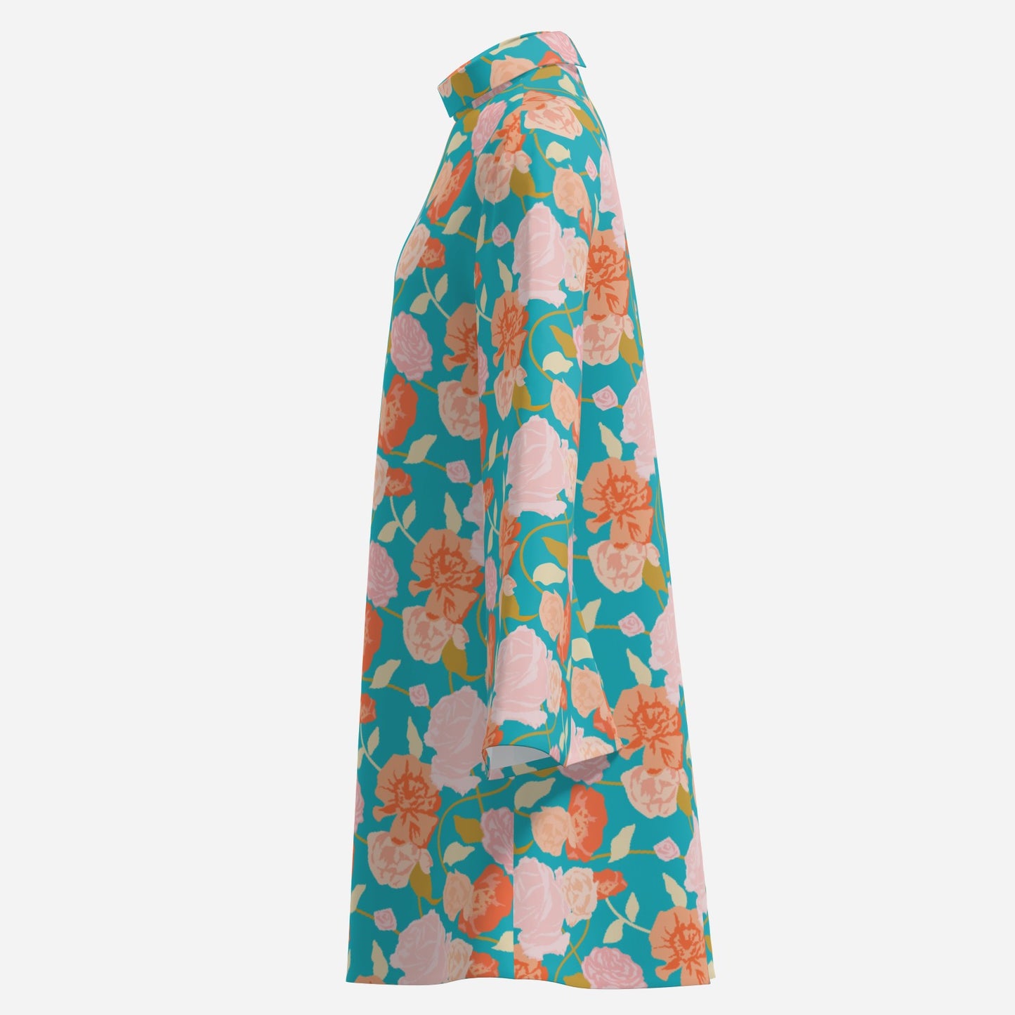 70s Style Dress | Retro Turquoise Floral Bell Sleeve Mini Dress | Vintage Turtleneck Chiffon Dress | Trendy Hip Buys Exclusive