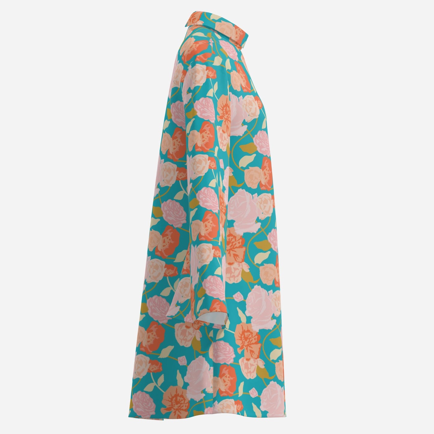 70s Style Dress | Retro Turquoise Floral Bell Sleeve Mini Dress | Vintage Turtleneck Chiffon Dress | Trendy Hip Buys Exclusive