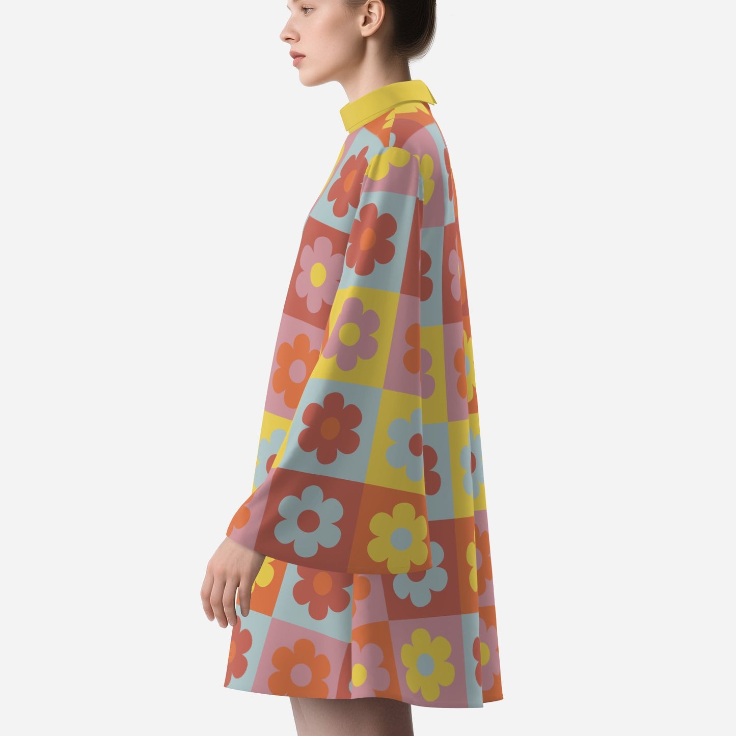 60s 70s Dress Style | Retro Bell Sleeve Boho Dress | Multicolor Floral Hippie Tent Dress | 70s Mini Dress with Yellow Turtleneck