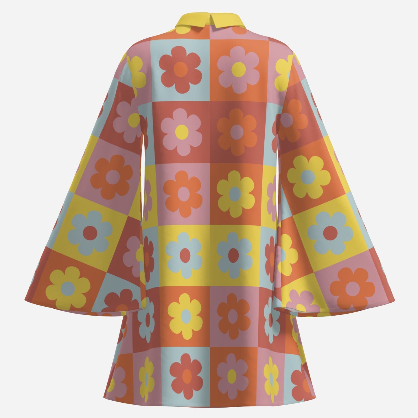 60s 70s Dress Style | Retro Bell Sleeve Boho Dress | Multicolor Floral Hippie Tent Dress | 70s Mini Dress with Yellow Turtleneck