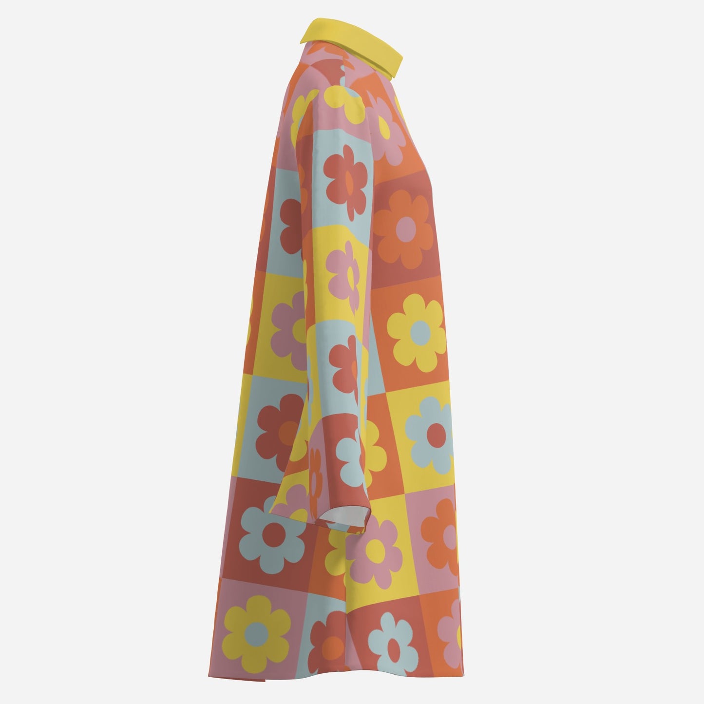60s 70s Dress Style | Retro Bell Sleeve Boho Dress | Multicolor Floral Hippie Tent Dress | 70s Mini Dress with Yellow Turtleneck