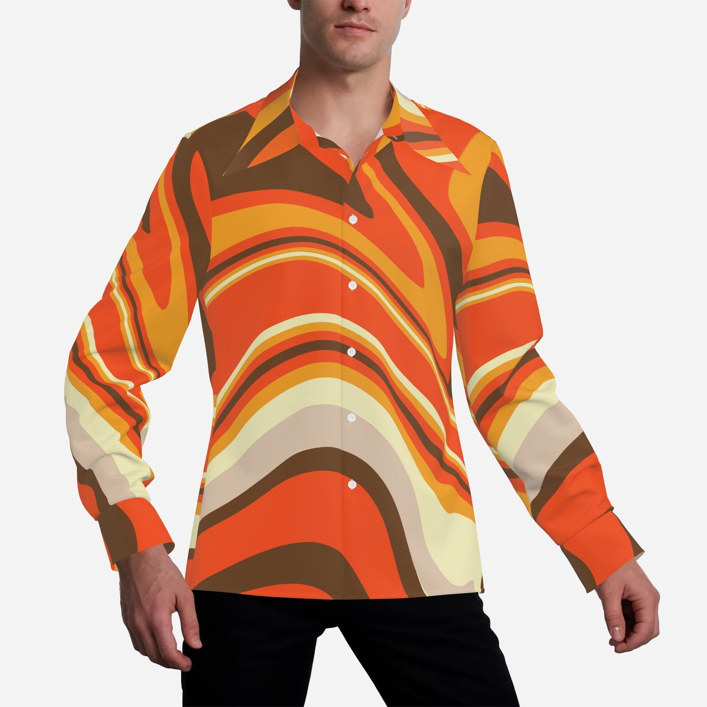 Custom for Monique - Men's Orange Brown Groovy 70s Stripe shirt, Wing Collar shirt, 70s Style Disco Shirt