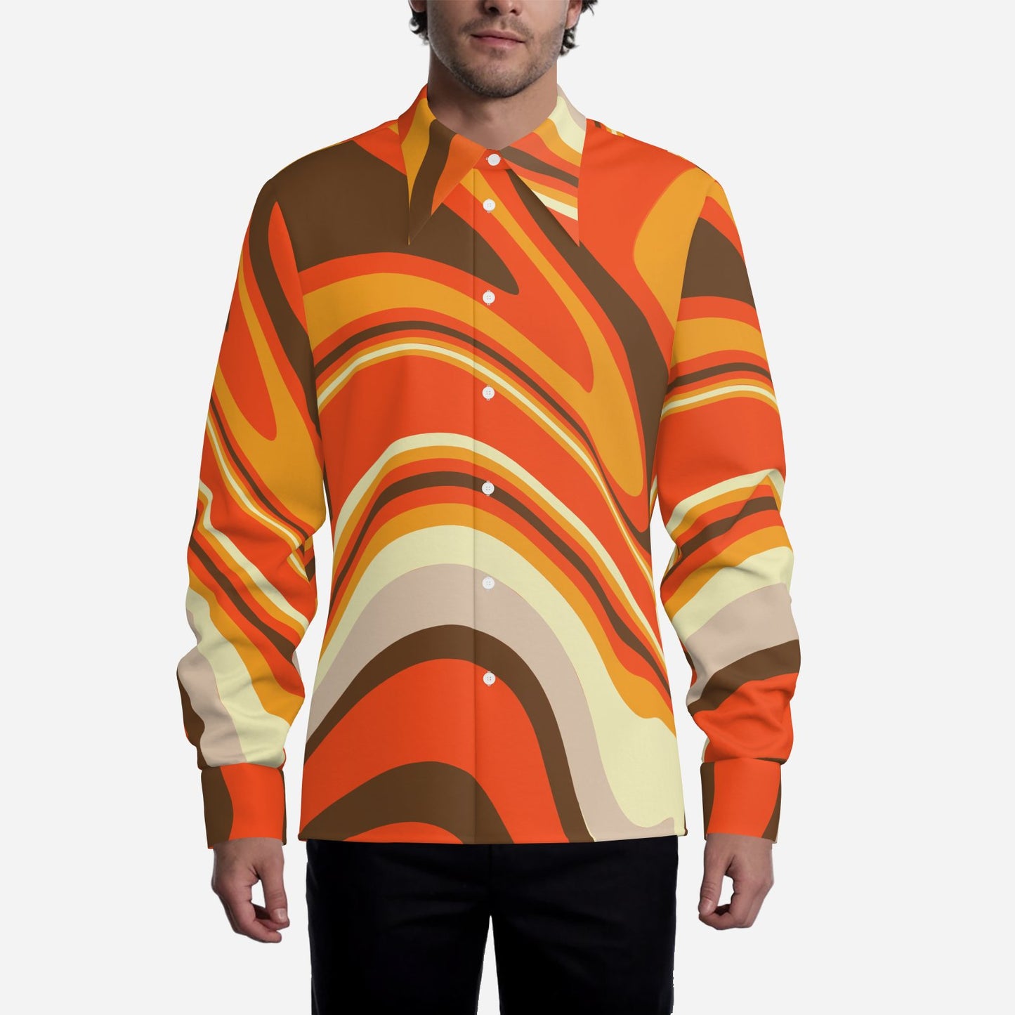 Custom for Monique - Men's Orange Brown Groovy 70s Stripe shirt, Wing Collar shirt, 70s Style Disco Shirt