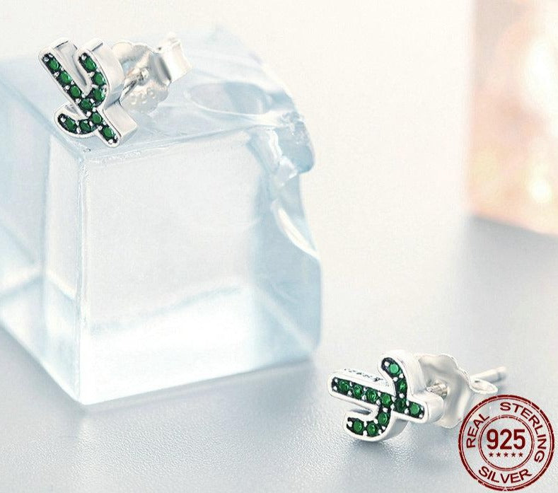 925 Sterling Silver Green Cactus Stud Earrings, Green Crystal Stud Earrings, Plant Earrings