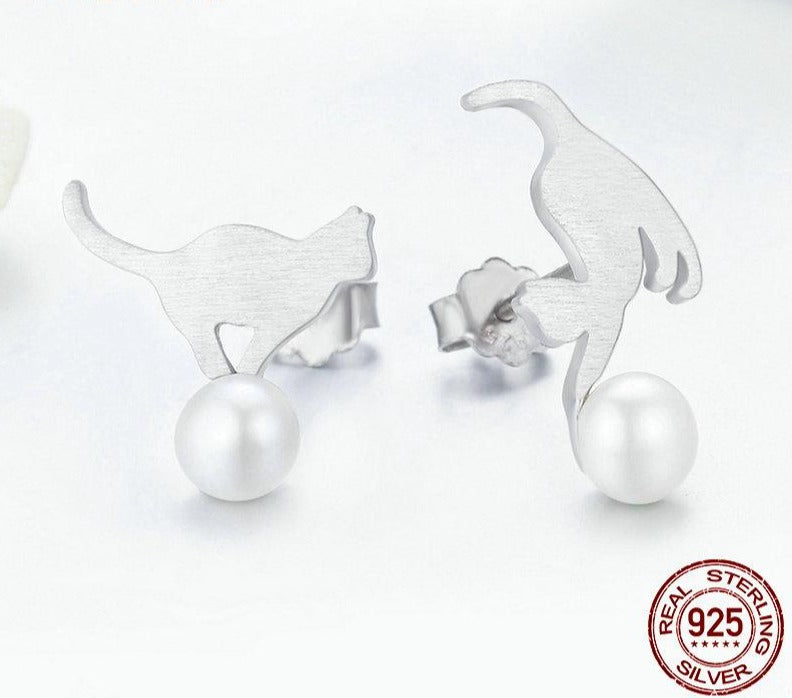 Cat Earrings, 925 Sterling Silver Naughty Cat earrings, Animal Earrings, Cat Pearl Earrings