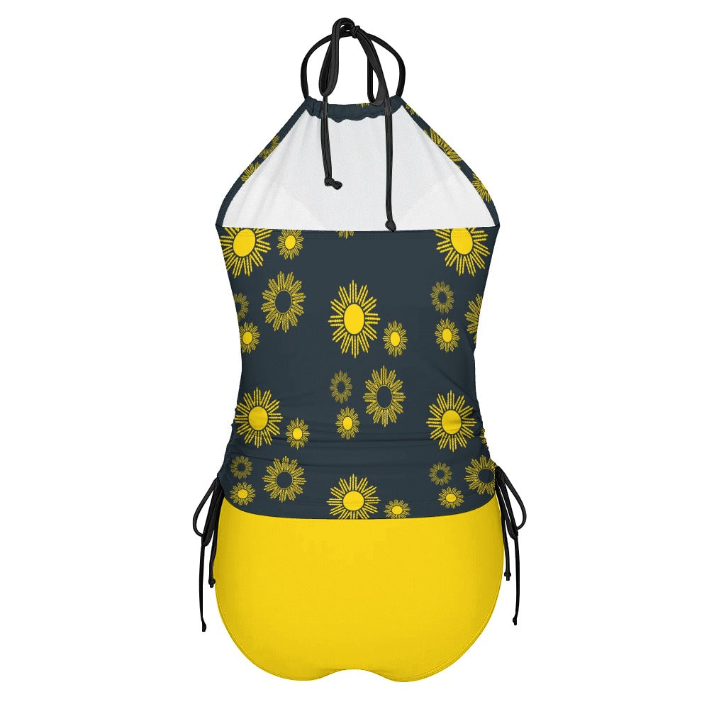 Retro Bikini, Gray Neon Yellow Tankini, Mod Halter Tankini, Mod Bikini, Floral Bikini Set