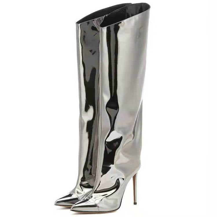 Runway Metallic Knee High Boots, PU leather boots, Silver Boots, Gold Boots, Black Boots
