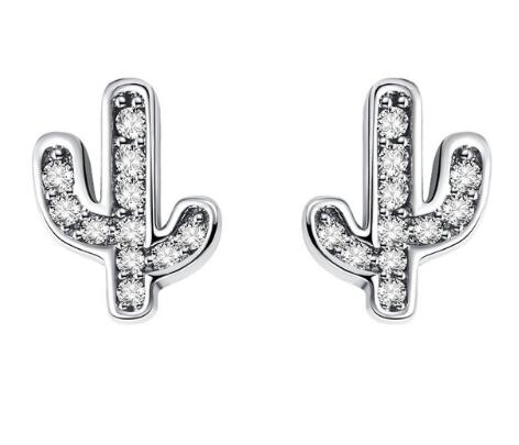 925 Sterling Silver Green Cactus Stud Earrings, Green Crystal Stud Earrings, Plant Earrings