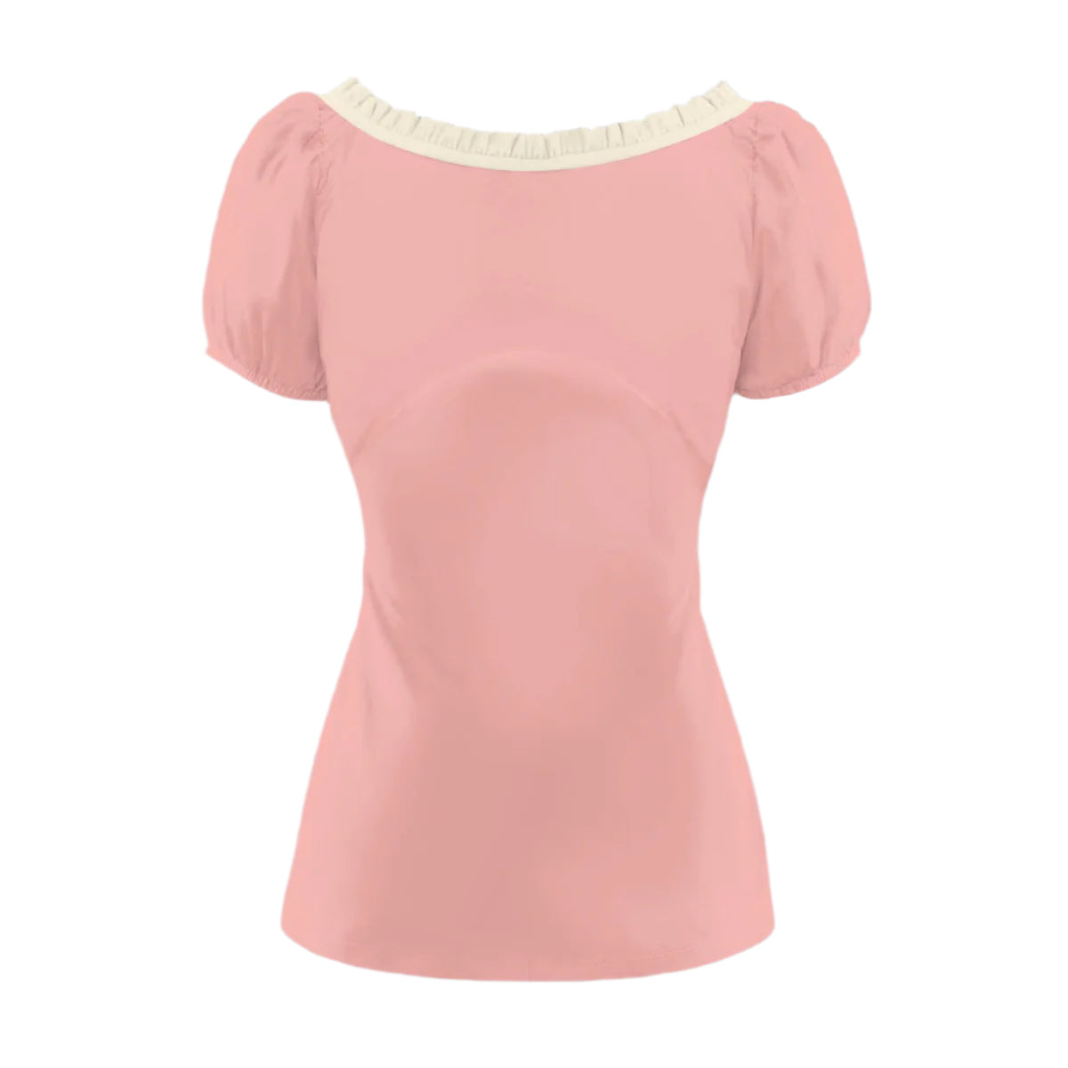 babydoll Pink blouse with white ruffle trim on a white background