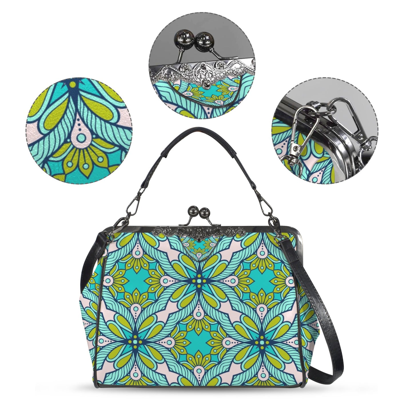 Retro 60s Style Handbag | Vintage Green Floral Mod Handbag | Crossbody Clasp Purse