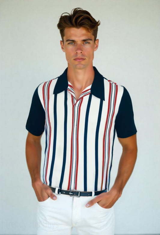 Men’s 50s Style Shirt | Retro Red Blue Stripe Shirt | Vintage Nautical Rockabilly Shirt Men
