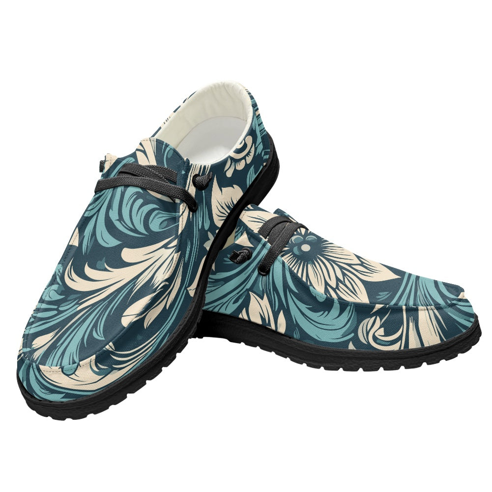Vintage-Inspired Teal Loafers: Classic Retro Style shoes for Men and Women, Blue Beige Shoes