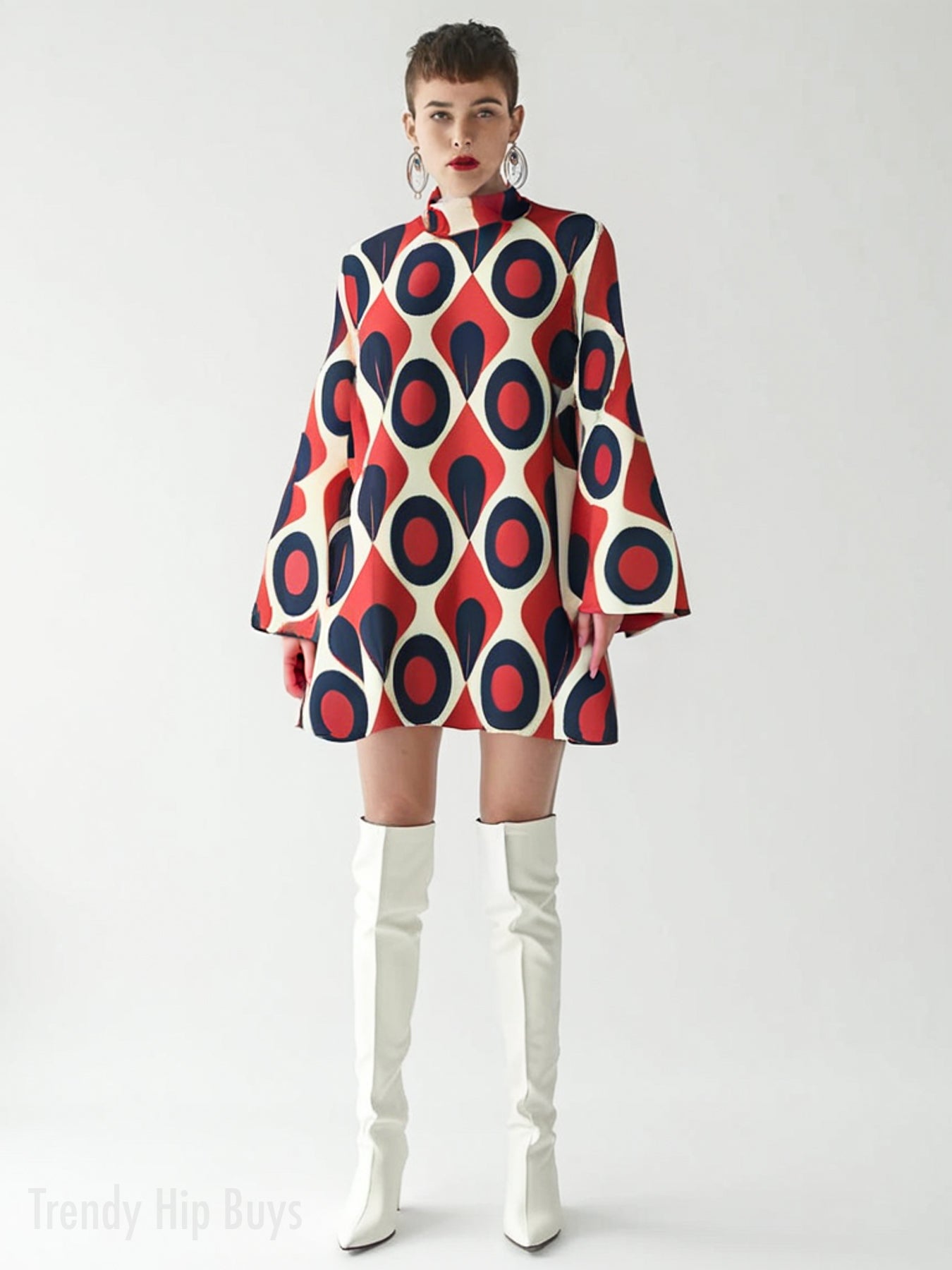 Disco 70s Style Dress | Turtleneck Mod Dress | Retro Red Black Op Art Chiffon Tent Mini Dress