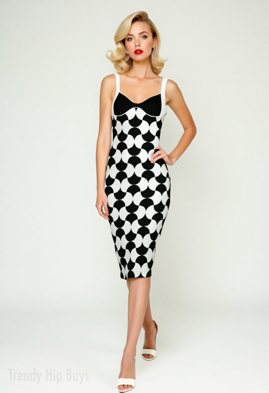 50s 60s Dress Style | Retro Black & White Mod Sheath Dress | Op Art Rib Knit Midi Dress