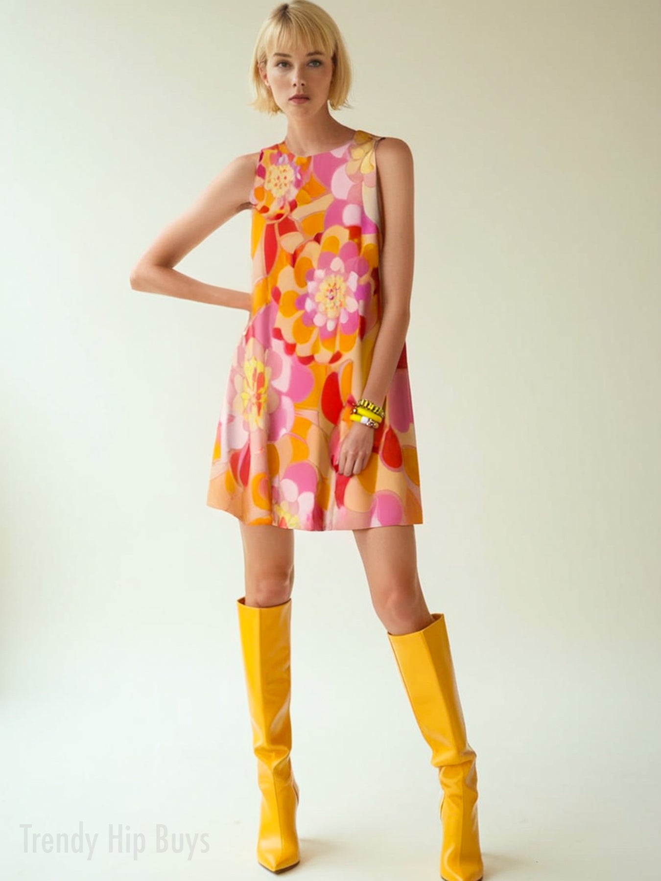 Retro Pink Mod Dress | 60s Style Tent Dress | Sleeveless Go-Go Mini Dress with Bold Floral Print