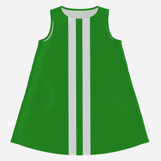 60s green go-go mini dress with white stripe detail, scoop neckline, sleeveless tent silhouette, and pockets. Vintage mod dress by Trendy Hip Buys.