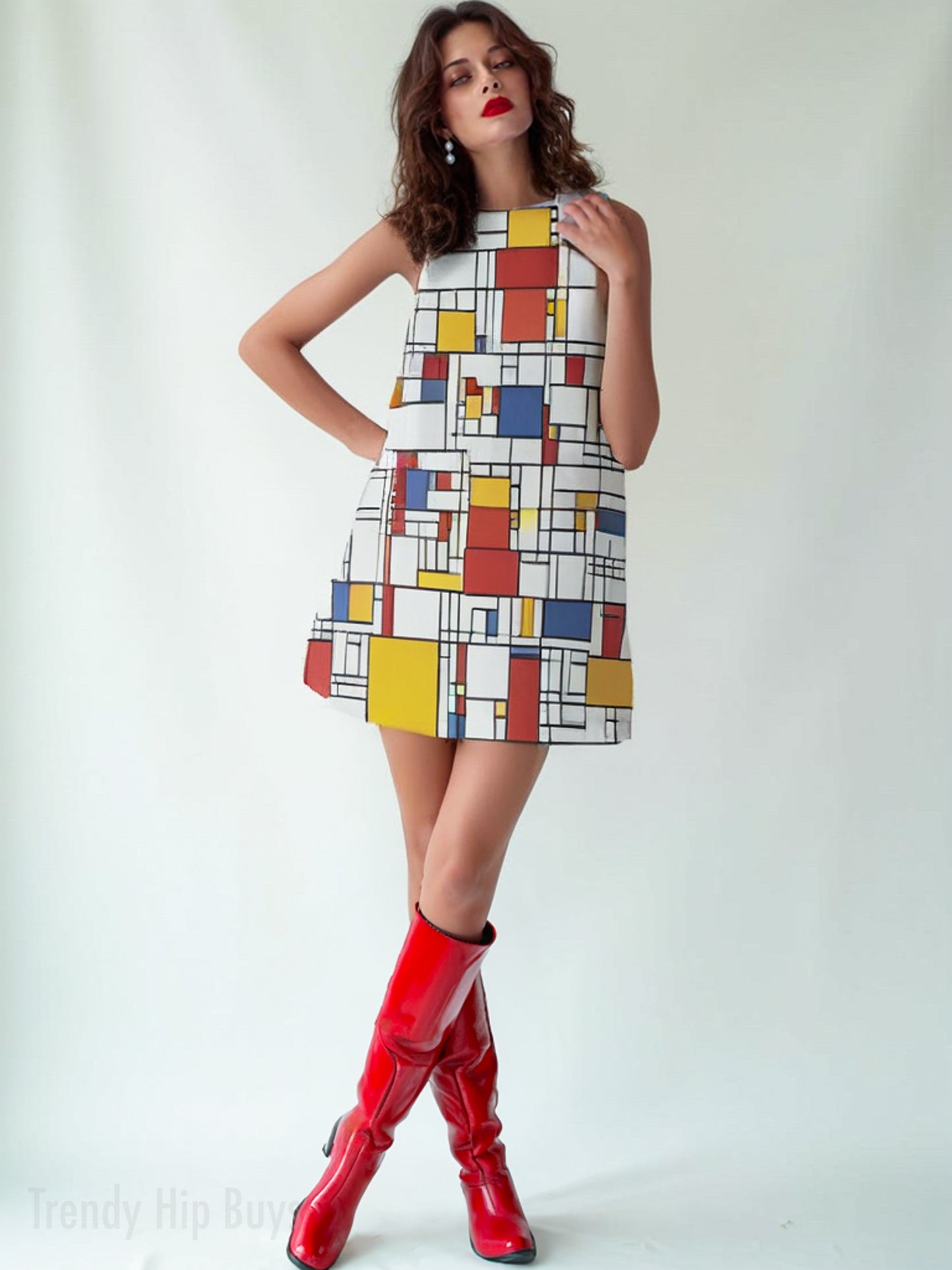 60s dress style, mondrian dress, Geometric dress, red blue yellow mondrian mini dress, go go dress