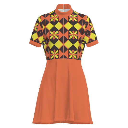 Mod Orange Dress, 60s inspired Dress, Space Age Retro Geometric Turtleneck GoGo Mini Dress