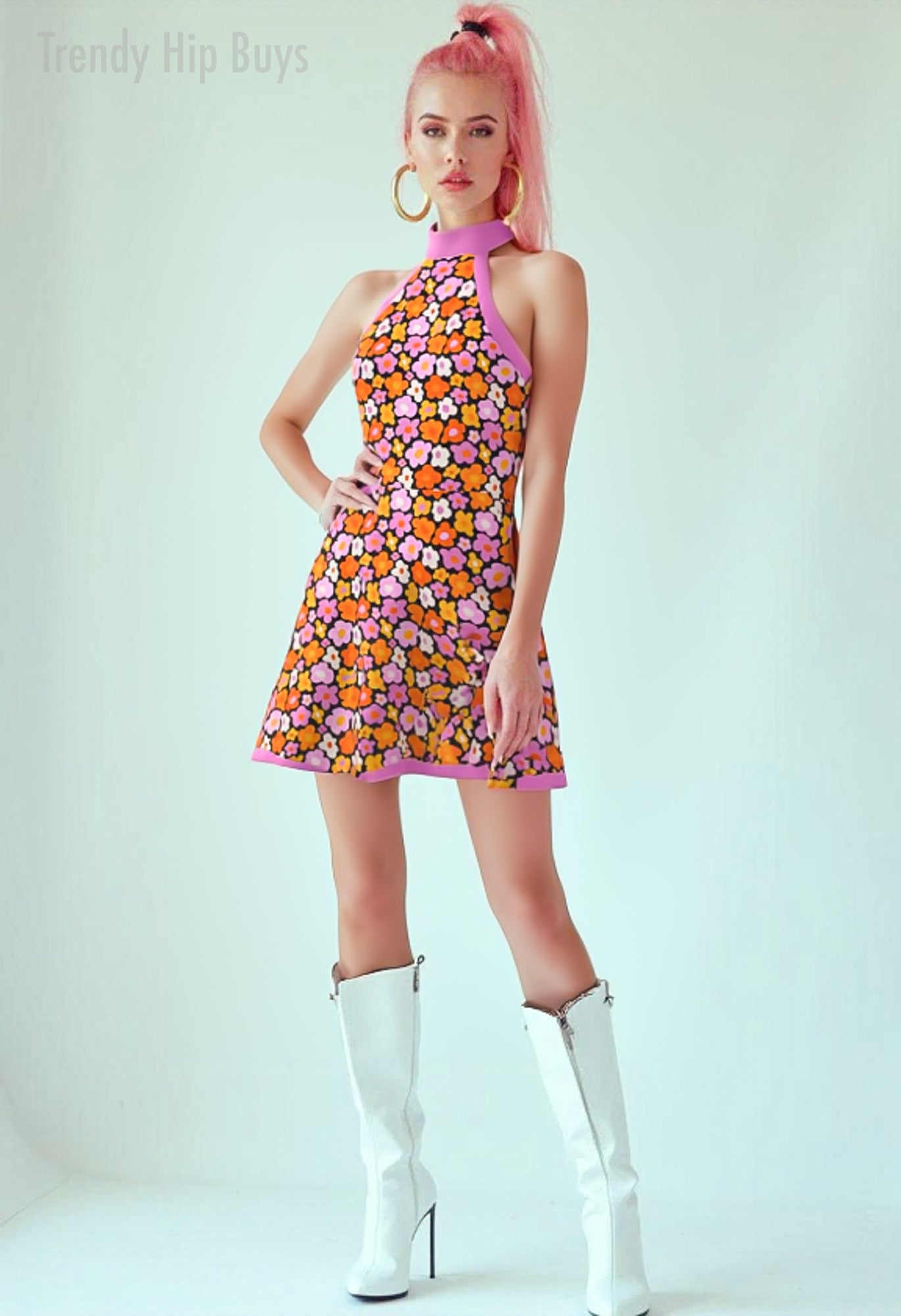 60s Dress Style, Floral Pink Mod Dress, 60s inspired mini dress, 60s Go Go Dress, Halter mini dress