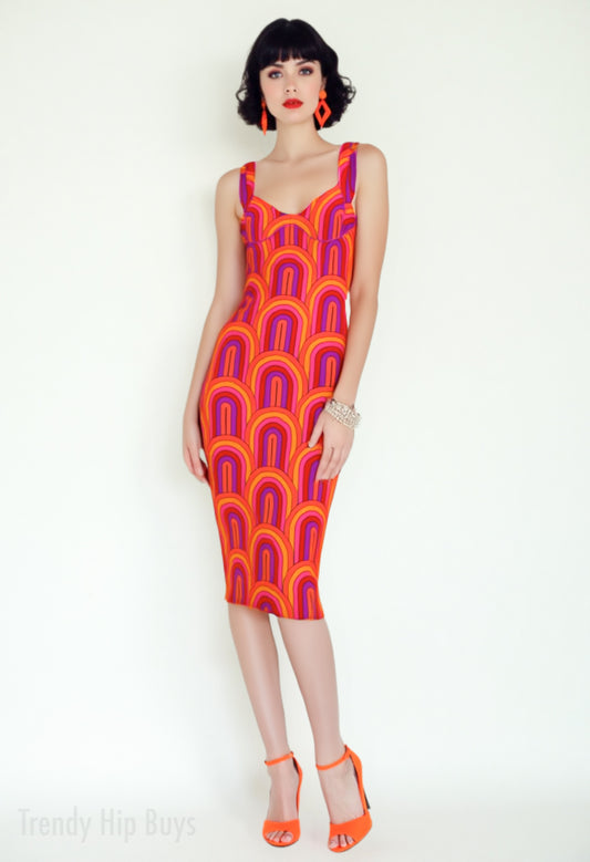 Op Art 60s Dress Style | Mod Pink Orange Geometric Sheath Bodycon Dress