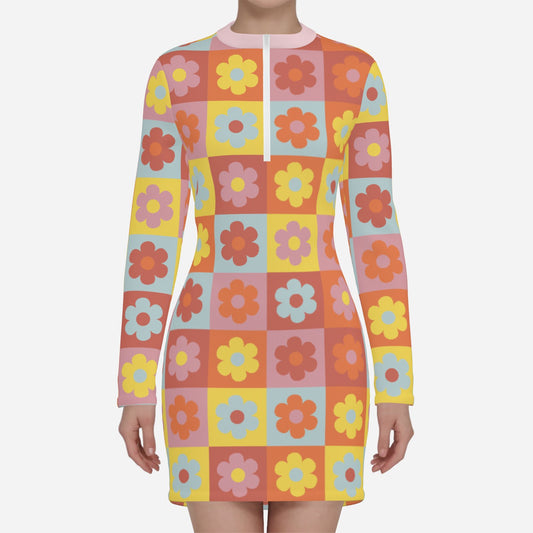 Women’s Mod 60s Style Dress | Multicolor Floral Scuba Mini Dress | Vintage 60s Inspired Long Sleeve Dress | Go Go dress