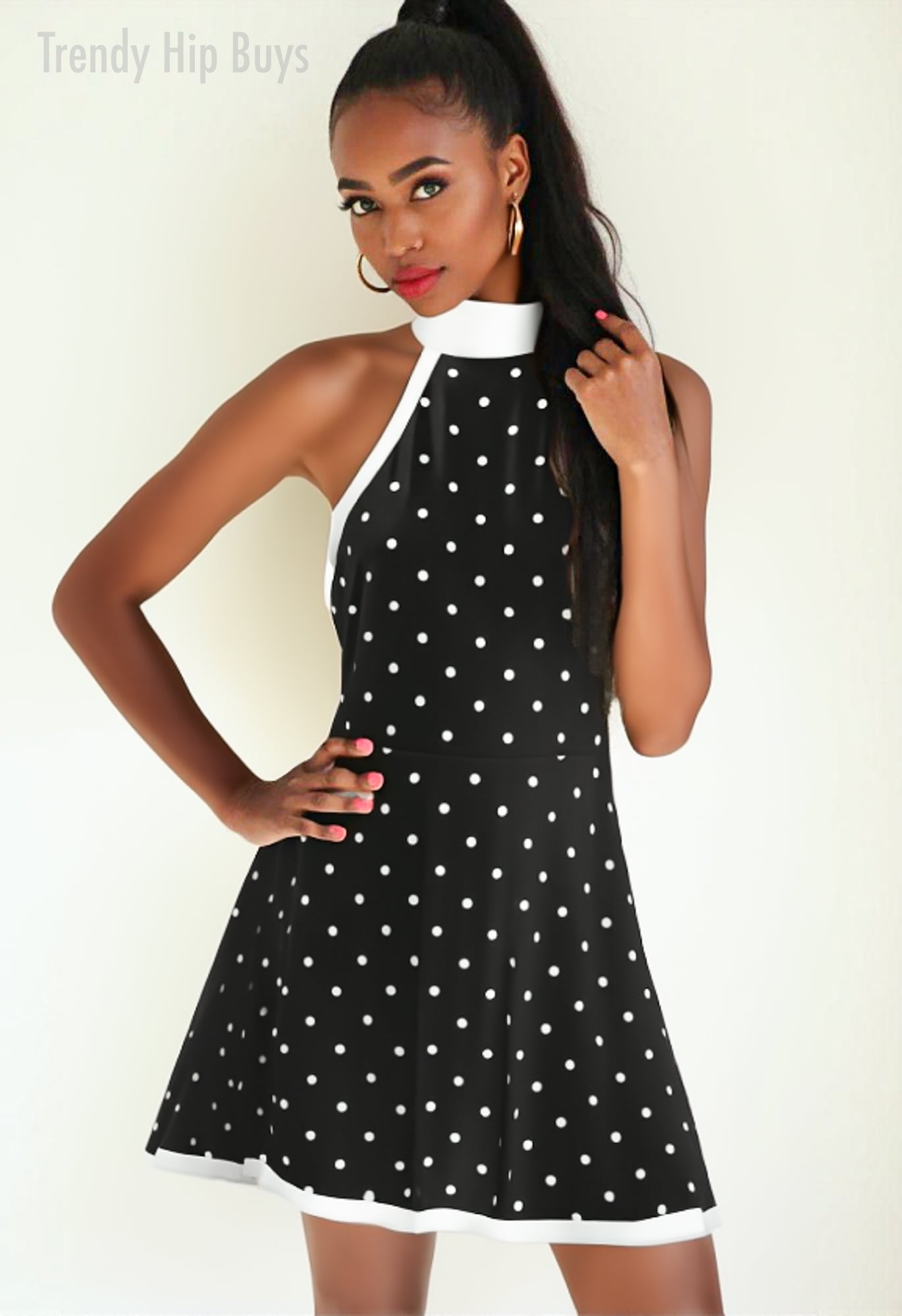 Vintage 60s Style Black Polka Dot Dress | Mod Dress| Black Halter Mini Dress | Retro A-Line mini dress