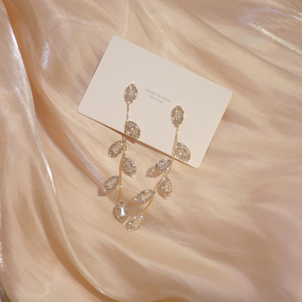 14K Real Gold Plated Leaves Earring, Leaf Dangle Earrings, Wedding Earrings, cubic zirconia (CZ) stones Earrings